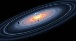 Imagem estilizada do espaço-tempo com uma esfera orbitando uma distorção, simbolizando gravidade não é força