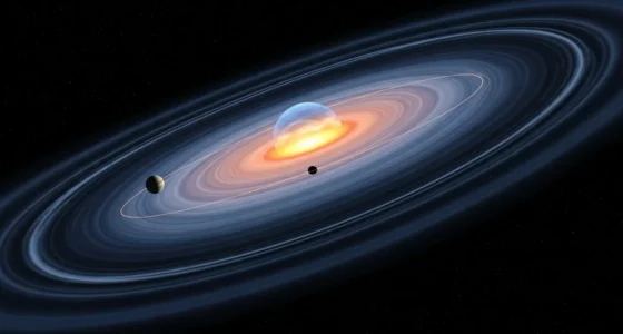 Imagem estilizada do espaço-tempo com uma esfera orbitando uma distorção, simbolizando gravidade não é força