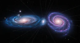 Visão de galáxias em espiral com matéria escura e energia, simbolizando a disputa cósmica no espaço profundo