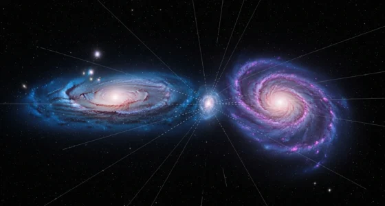 Visão de galáxias em espiral com matéria escura e energia, simbolizando a disputa cósmica no espaço profundo