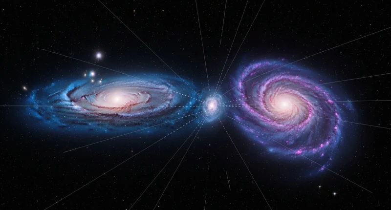 Visão de galáxias em espiral com matéria escura e energia, simbolizando a disputa cósmica no espaço profundo