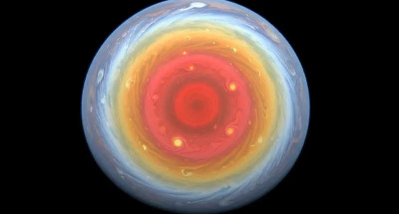 Imagem estilizada da grande mancha vermelha júpiter, destacando cores vibrantes e turbulência atmosférica