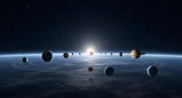 Imagem do cinturão Kuiper e Nuvem de Oort com planetas, poeira e gelo, destacando o fim do Sistema Solar