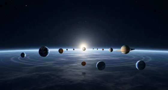 Imagem do cinturão Kuiper e Nuvem de Oort com planetas, poeira e gelo, destacando o fim do Sistema Solar