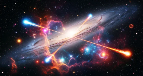 Centro de galáxia com buraco negro, nebulosas coloridas e estrelas, ilustrando fascinante ciclo vida estelar