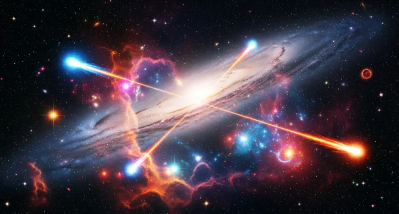 Centro de galáxia com buraco negro, nebulosas coloridas e estrelas, ilustrando fascinante ciclo vida estelar