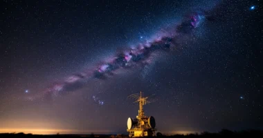 Imagem de capa com equação Drake revelada, céu estrelado e radiotelescópio, ilustrando o mistério das civilizações na Via Láctea.