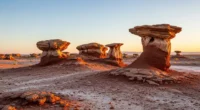 Vista panorâmica de um deserto marciano com formações rochosas, céu azul e atmosfera de segredo água na zona de habitabilidade.
