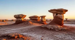 Vista panorâmica de um deserto marciano com formações rochosas, céu azul e atmosfera de segredo água na zona de habitabilidade.