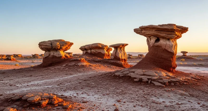 Vista panorâmica de um deserto marciano com formações rochosas, céu azul e atmosfera de segredo água na zona de habitabilidade.