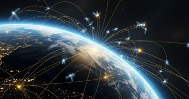 Representação estilizada do globo terrestre com satélites e linhas de conexão para China planeja lançar 200 satélites