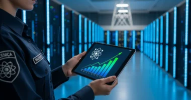 Engenheiro com uniforme de segurança segura tablet exibindo gráfico de energia nuclear na sala de controle