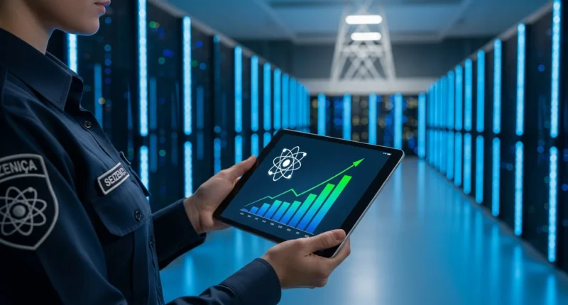 Engenheiro com uniforme de segurança segura tablet exibindo gráfico de energia nuclear na sala de controle