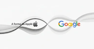 Ilustração minimalista de formas geométricas representando Apple e Google se entrelaçando, simbolizando a apple revoluciona siri integração