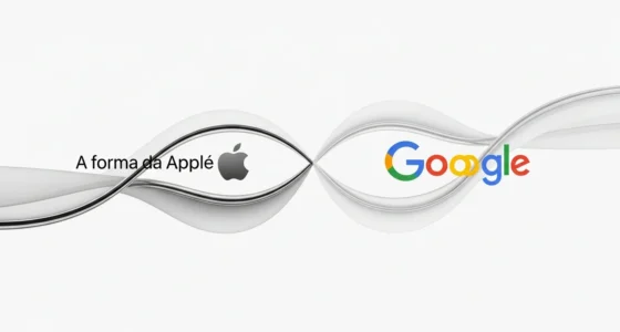 Ilustração minimalista de formas geométricas representando Apple e Google se entrelaçando, simbolizando a apple revoluciona siri integração