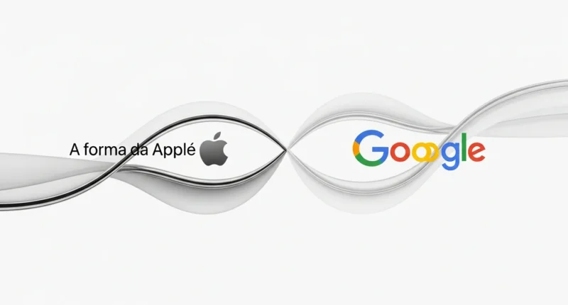 Ilustração minimalista de formas geométricas representando Apple e Google se entrelaçando, simbolizando a apple revoluciona siri integração