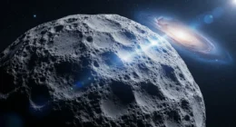 Imagem de sinais alienígenas 3i atlas em superfície rochosa e gelada do cometa com galáxia ao fundo