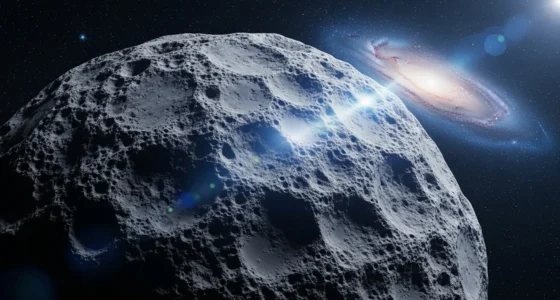 Imagem de sinais alienígenas 3i atlas em superfície rochosa e gelada do cometa com galáxia ao fundo