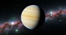 Imagem de um exoplaneta em formato de limão com textura e atmosfera no espaço profundo, iluminado por uma estrela distante