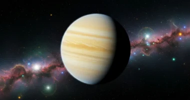 Imagem de um exoplaneta em formato de limão com textura e atmosfera no espaço profundo, iluminado por uma estrela distante