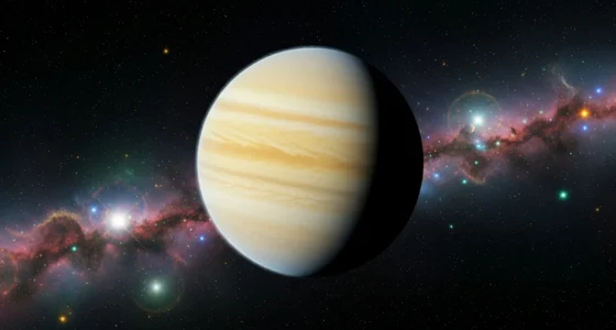 Imagem de um exoplaneta em formato de limão com textura e atmosfera no espaço profundo, iluminado por uma estrela distante