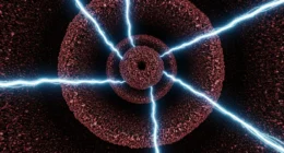 Redemoinhos elétricos marte rover em Marte, com raios azuis e brancos perto de um rover da NASA