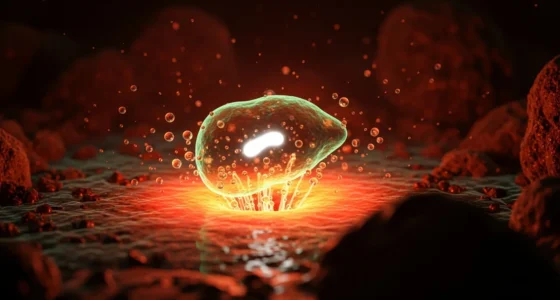 Imagem macro de uma amiba fogo descoberta científica, translúcida, em água vibrante laranja e vermelha, fundo escuro e reflexos de luz