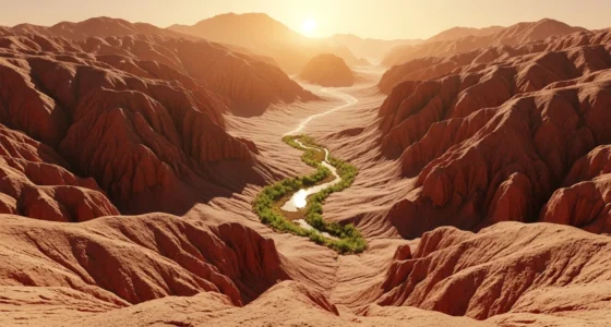 Paisagem marciana com oásis tropical antigo marte, vegetação e água sob luz solar alaranjada