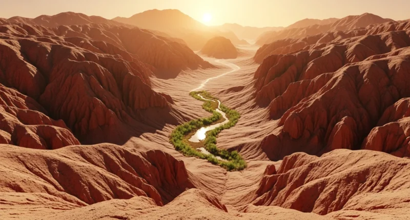 Paisagem marciana com oásis tropical antigo marte, vegetação e água sob luz solar alaranjada