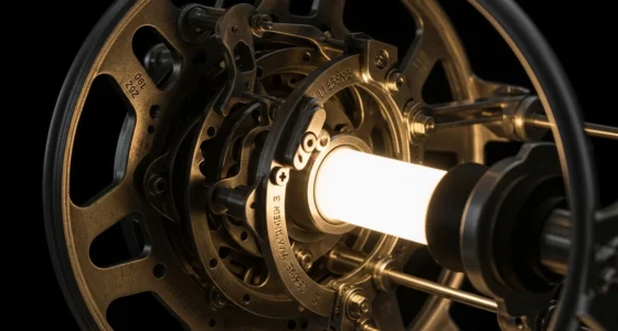 Close-up da lâmpada que dispensa eletricidade, mostrando engrenagens metálicas e luz branca vibrante em funcionamento