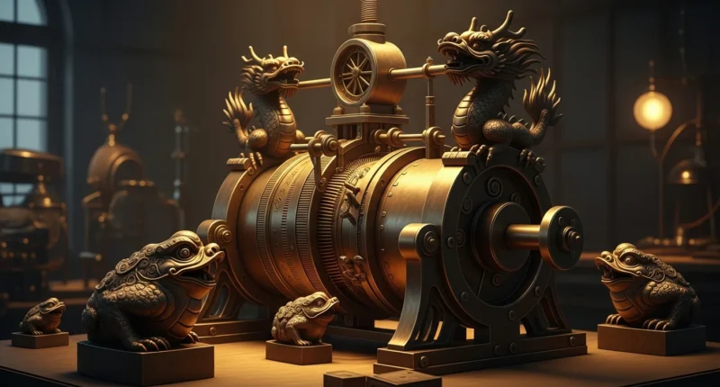 Imagem de um sismógrafo chinês antigo em bronze, com dragões e sapos, destacando civilizações antigas tecnologia avançada
