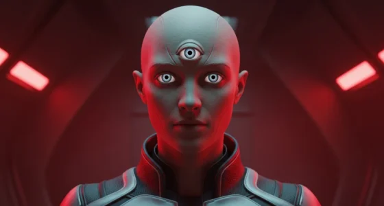 Imagem da descoberta chocante manuscrito chinês apresentando uma criatura alienígena com três olhos em traje futurista numa nave